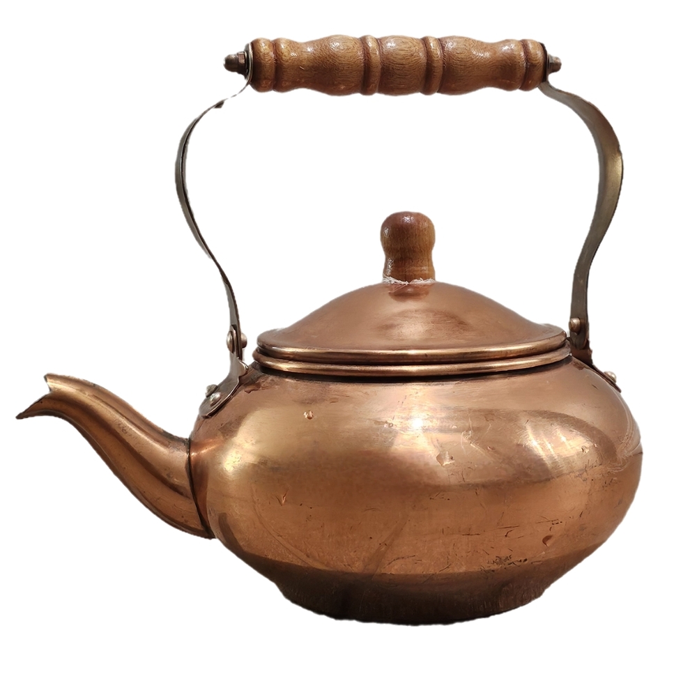 Vintage Copper Teapot with Wooden Handle